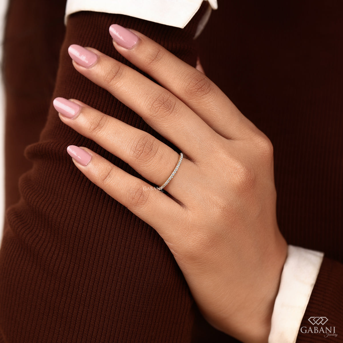 thin round diamond pave band in 14k gold, half eternity ring for stacking and daily wear
