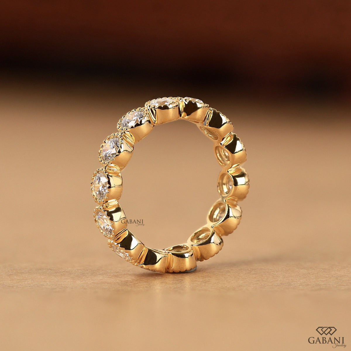 round lab diamond wedding band in 14k gold with milgrain detail and stackable design