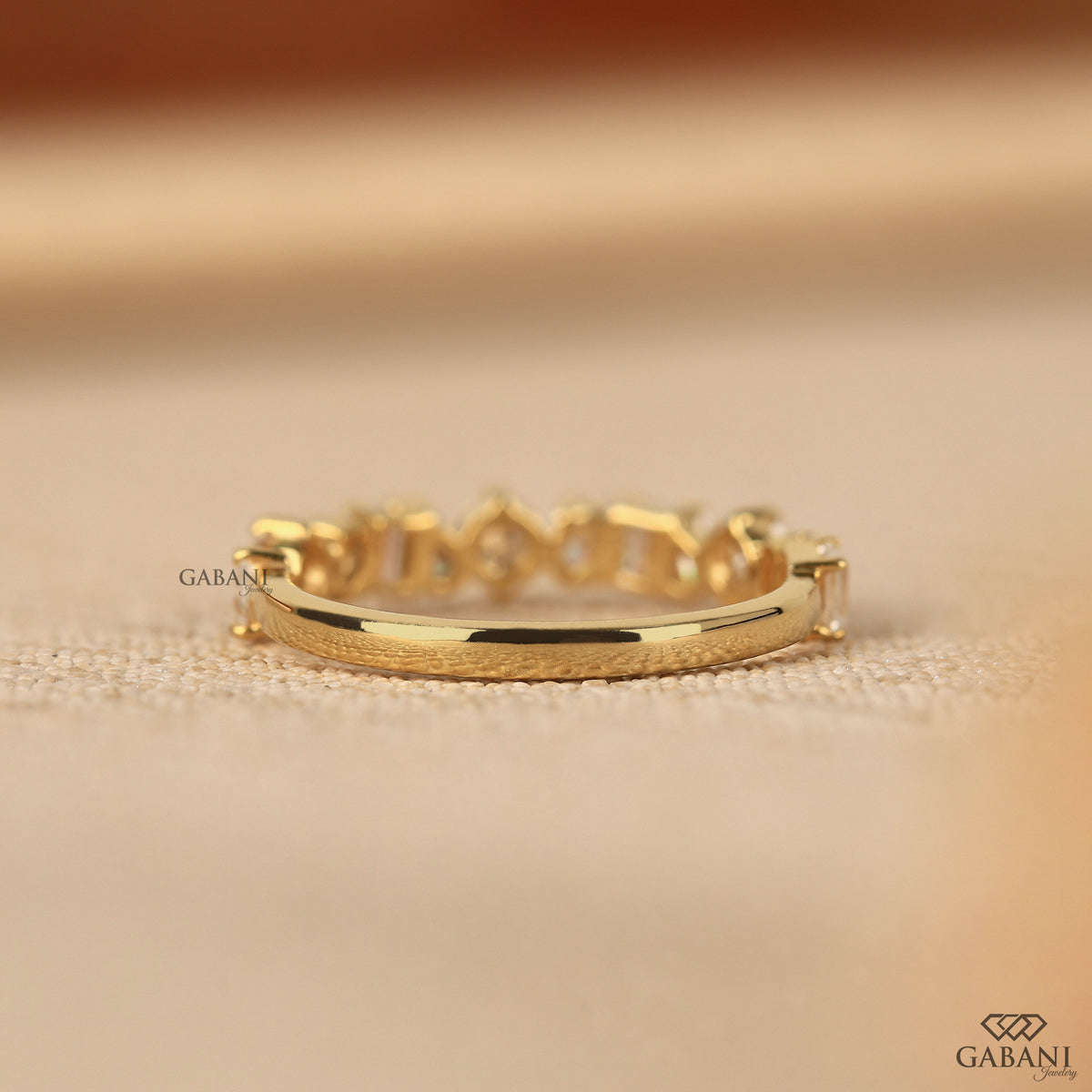 Comfort fit diamond band with lab grown multi shaped stones and modern design