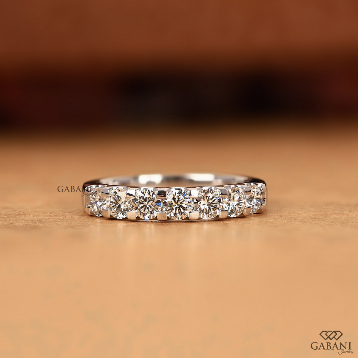 7 round lab grown diamond band in French pavé setting with smooth white gold comfort fit ring