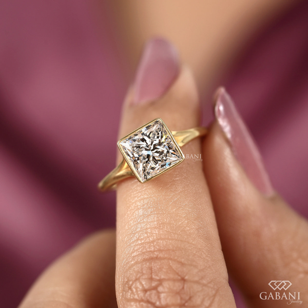 bezel set princess cut lab grown diamond ring with low profile comfort fit