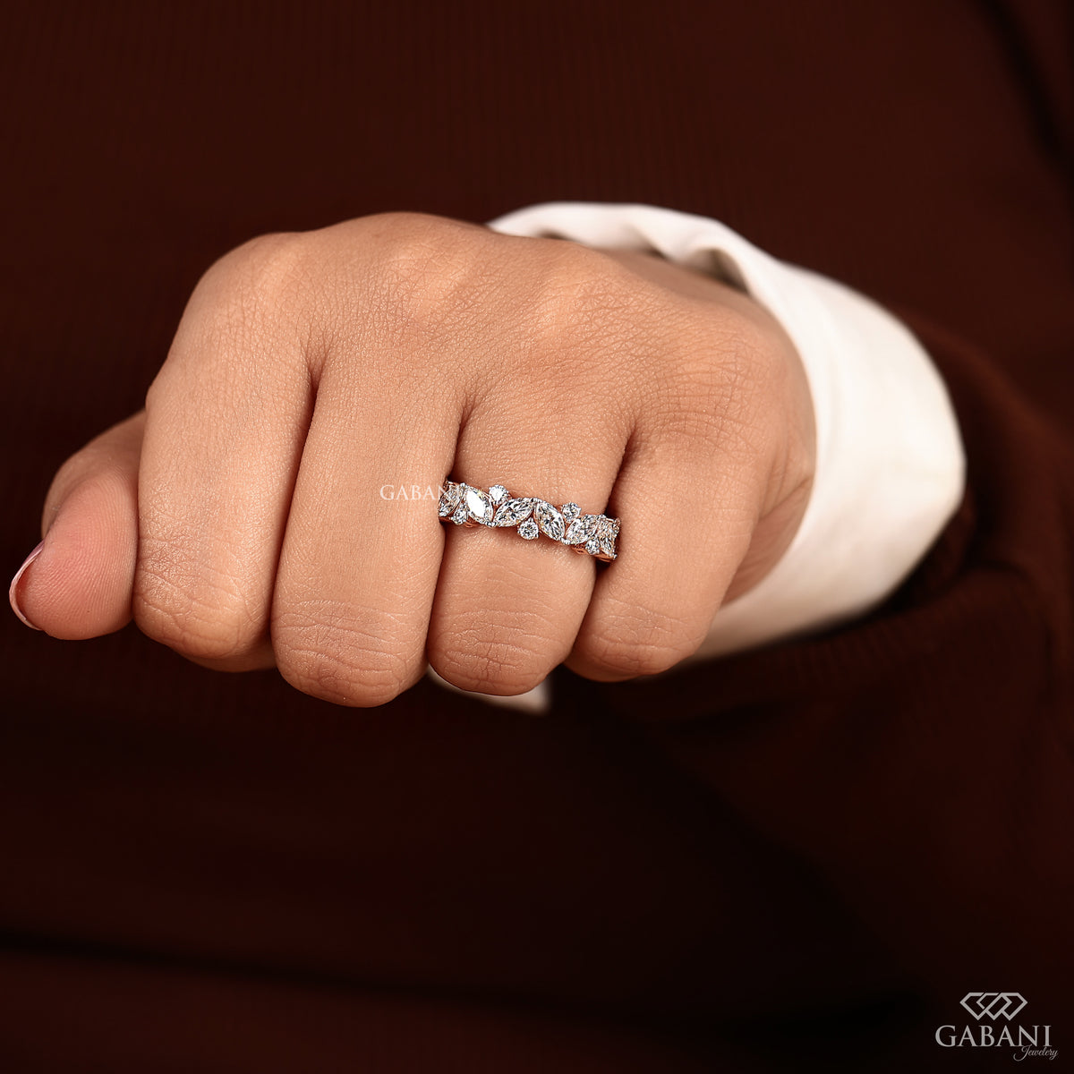 marquise round lab diamond wedding band in rose gold eternity ring