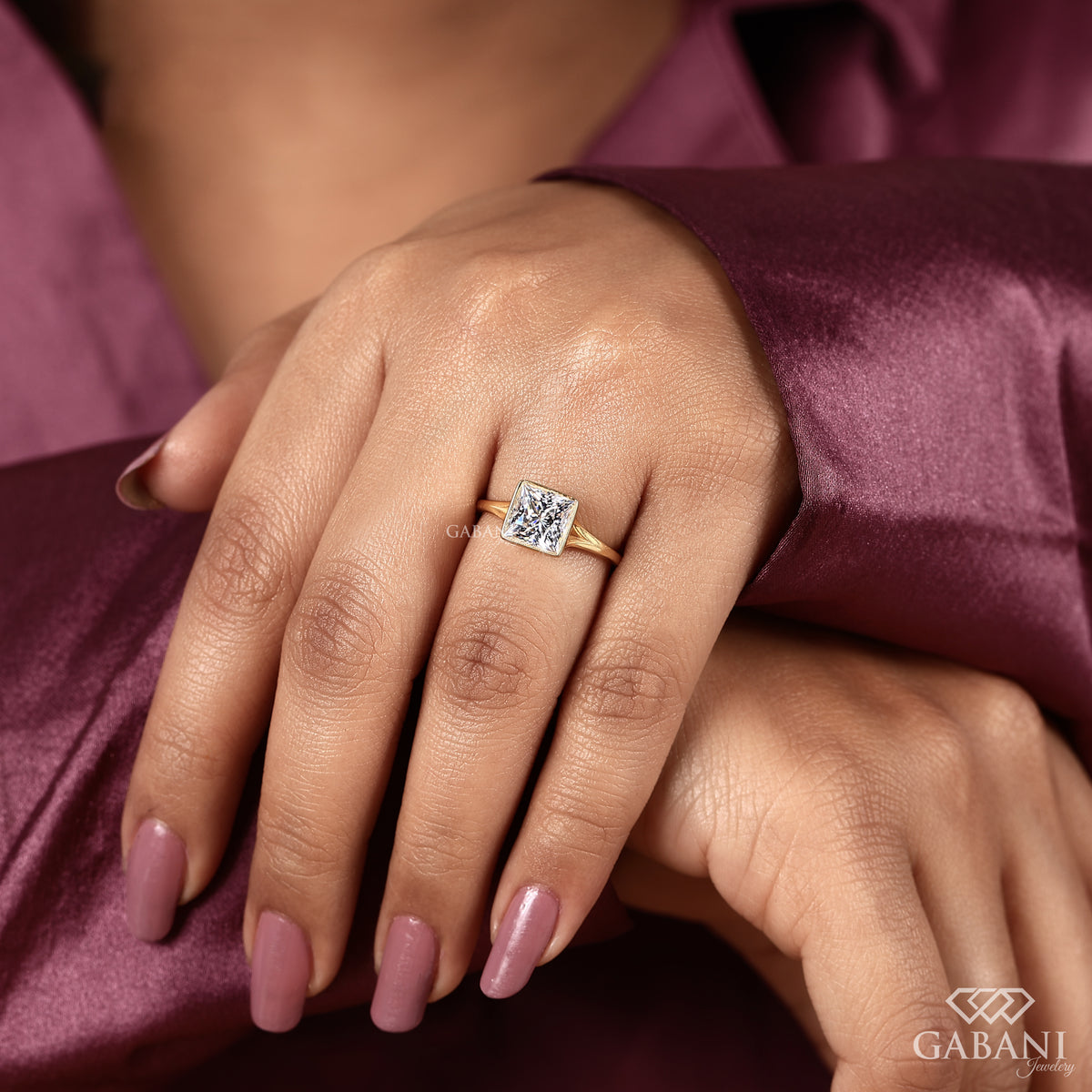 minimal bezel set princess cut lab grown diamond ring with clean silhouette