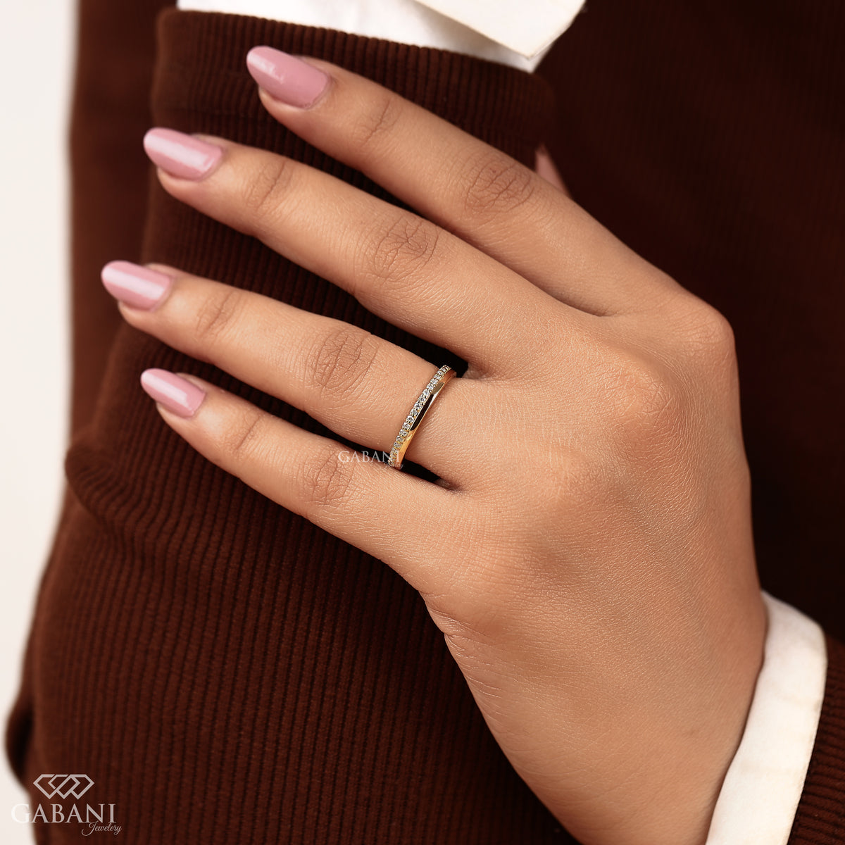 half eternity lab diamond band with one side pave setting in gold