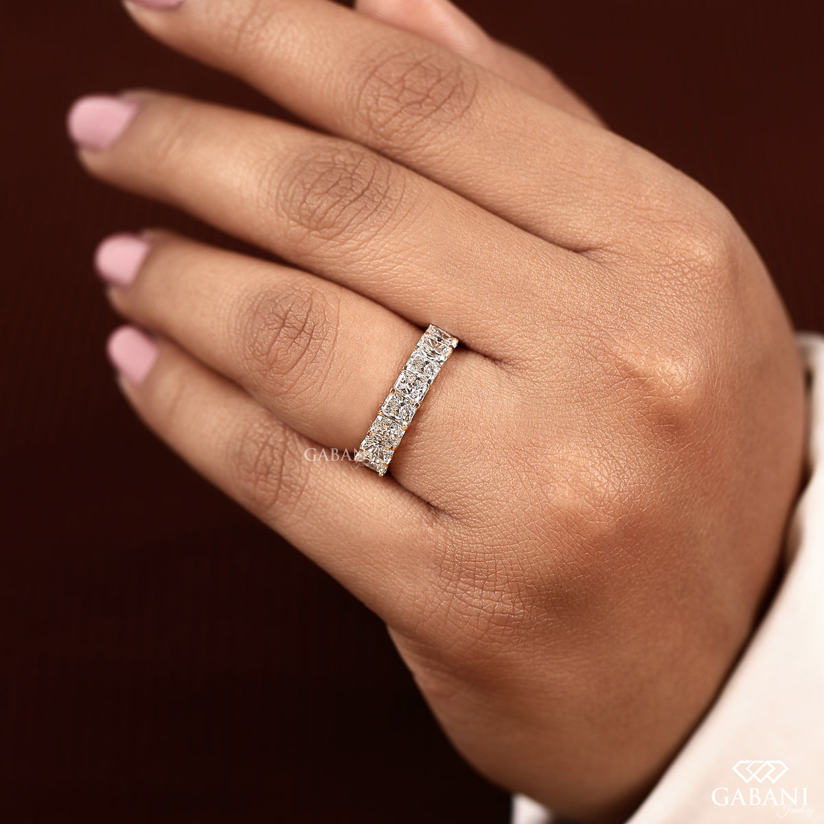 lab grown radiant cut diamond stacking band in gold with clean minimal half eternity style
