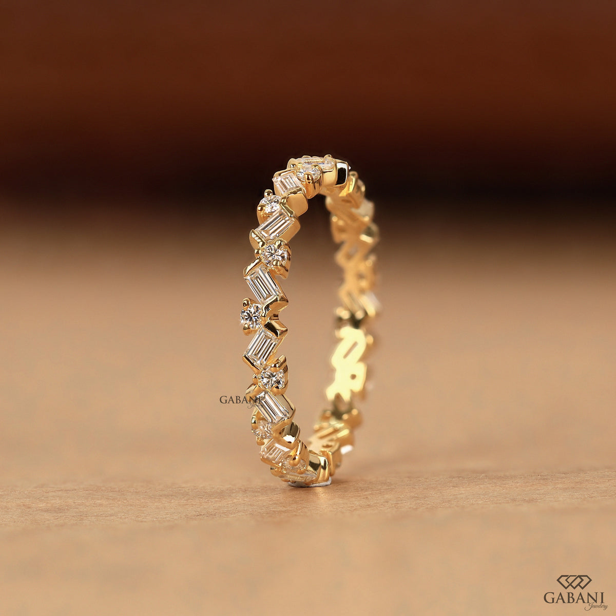 lab grown diamond zig zag band with baguette and round diamonds stackable gold ring