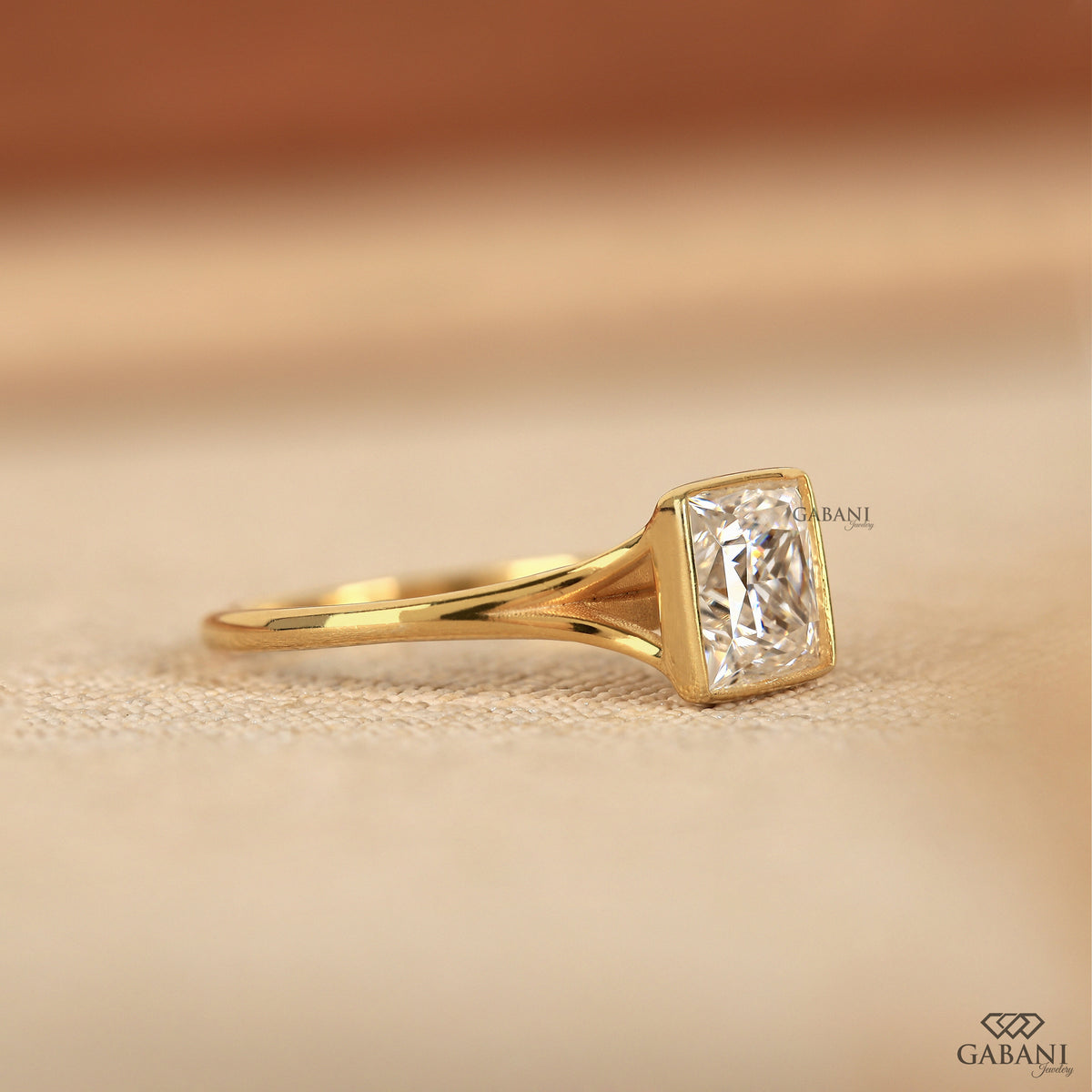 bezel solitaire ring with princess cut lab grown diamond and pipe shank band