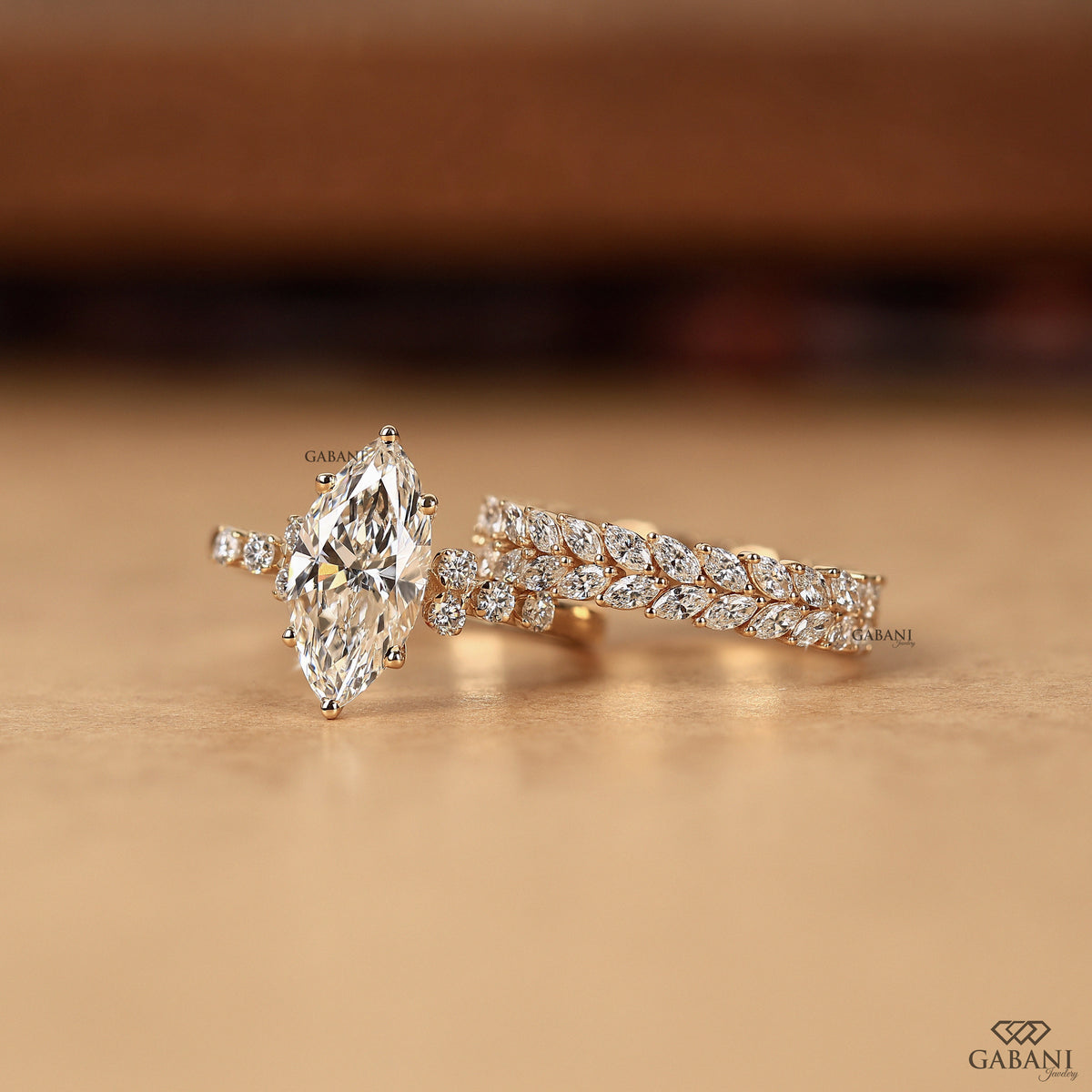 double row marquise lab diamond wedding band in yellow gold stackable ring