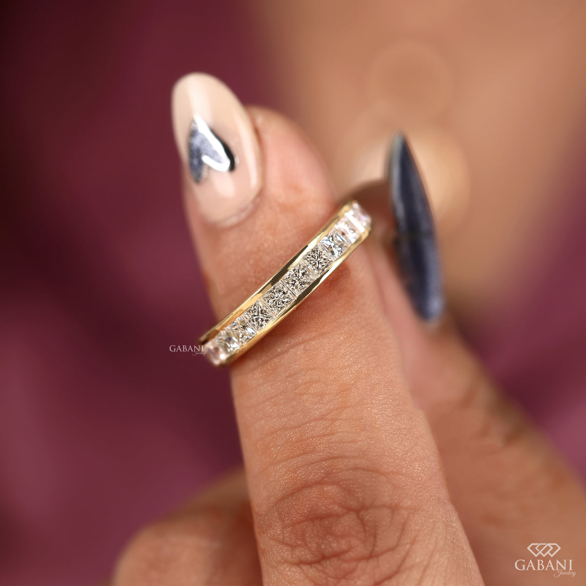 Channel set princess cut lab grown diamond band designed for everyday wear