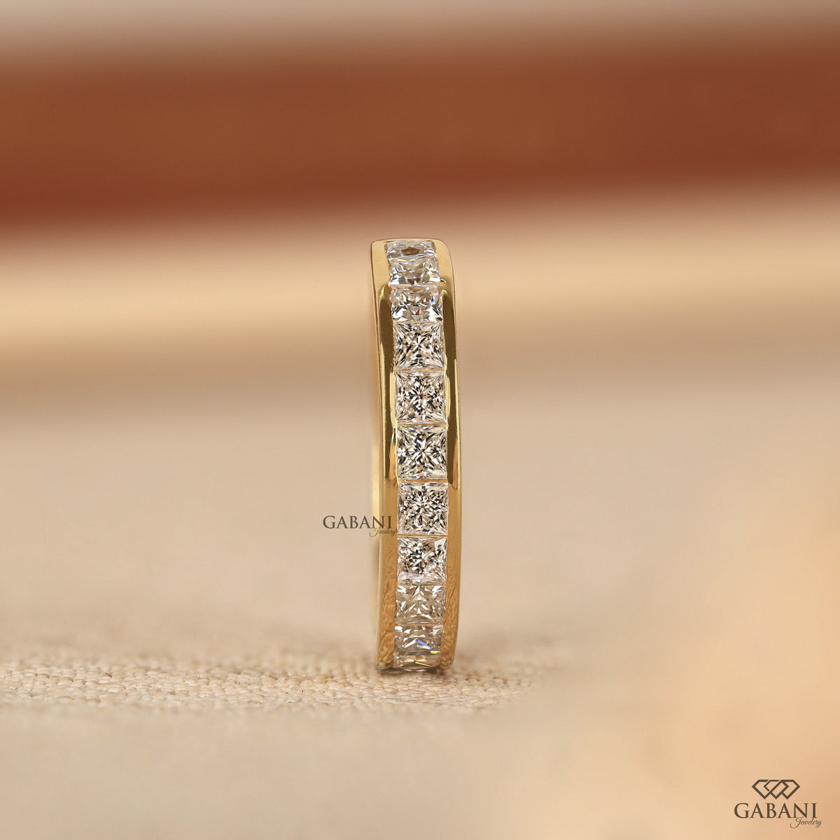 14K yellow gold half eternity band with princess cut lab grown diamonds