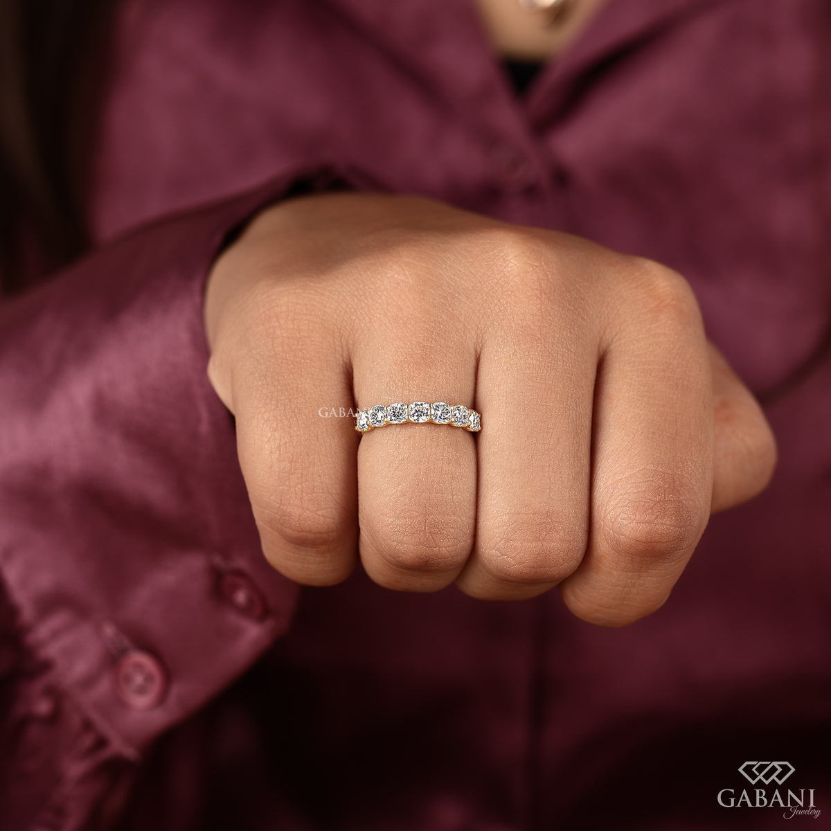 half eternity cushion cut lab created diamond band designed in yellow gold for daily wear