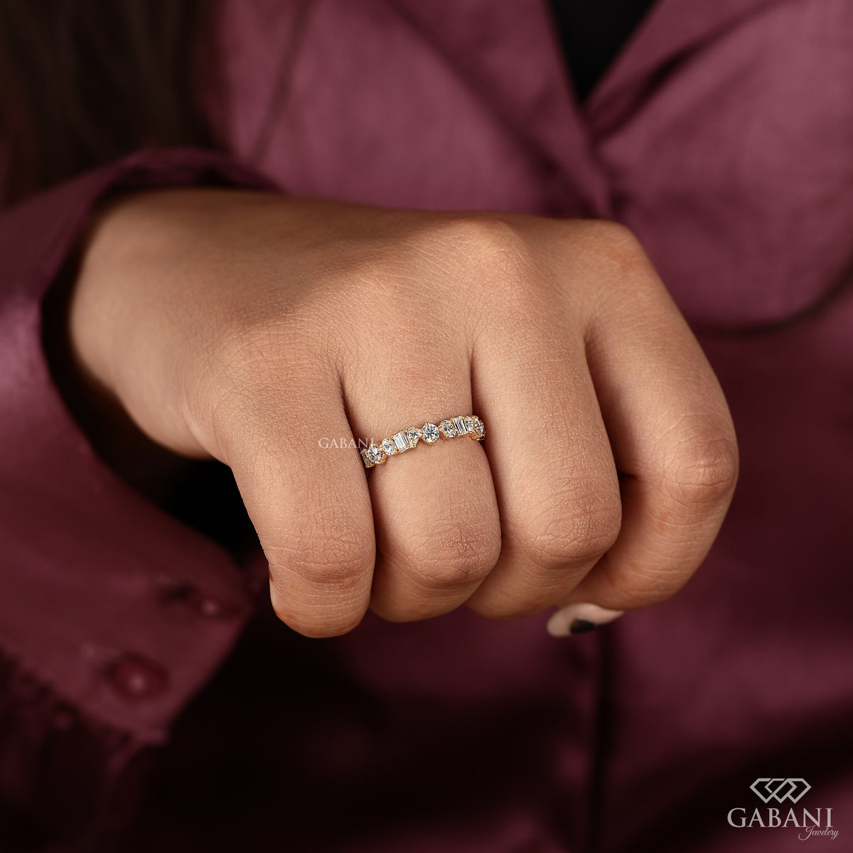 Multi shape diamond band with lab grown stones and refined pipe shank structure