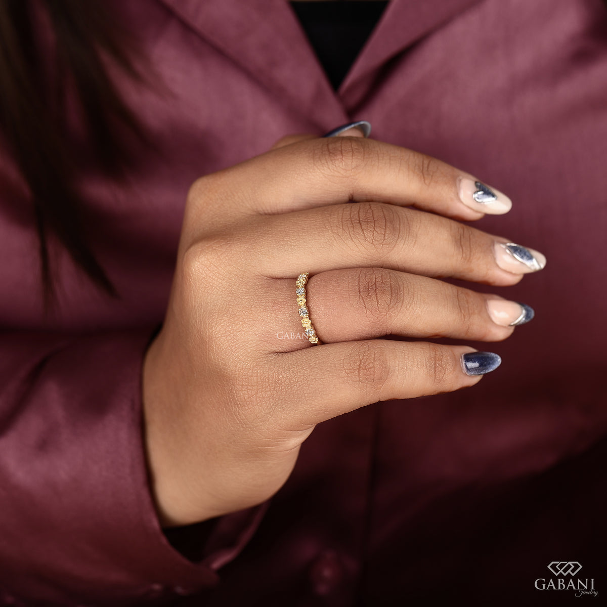 dainty floral lab grown diamond band designed for daily wear with a clean minimal look