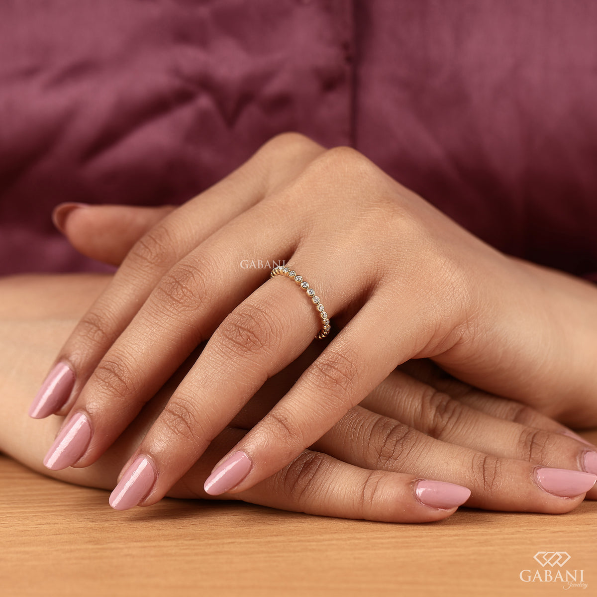gabani jewelry lab grown diamond bezel set eternity band in gold, minimal thin ring for daily wear
