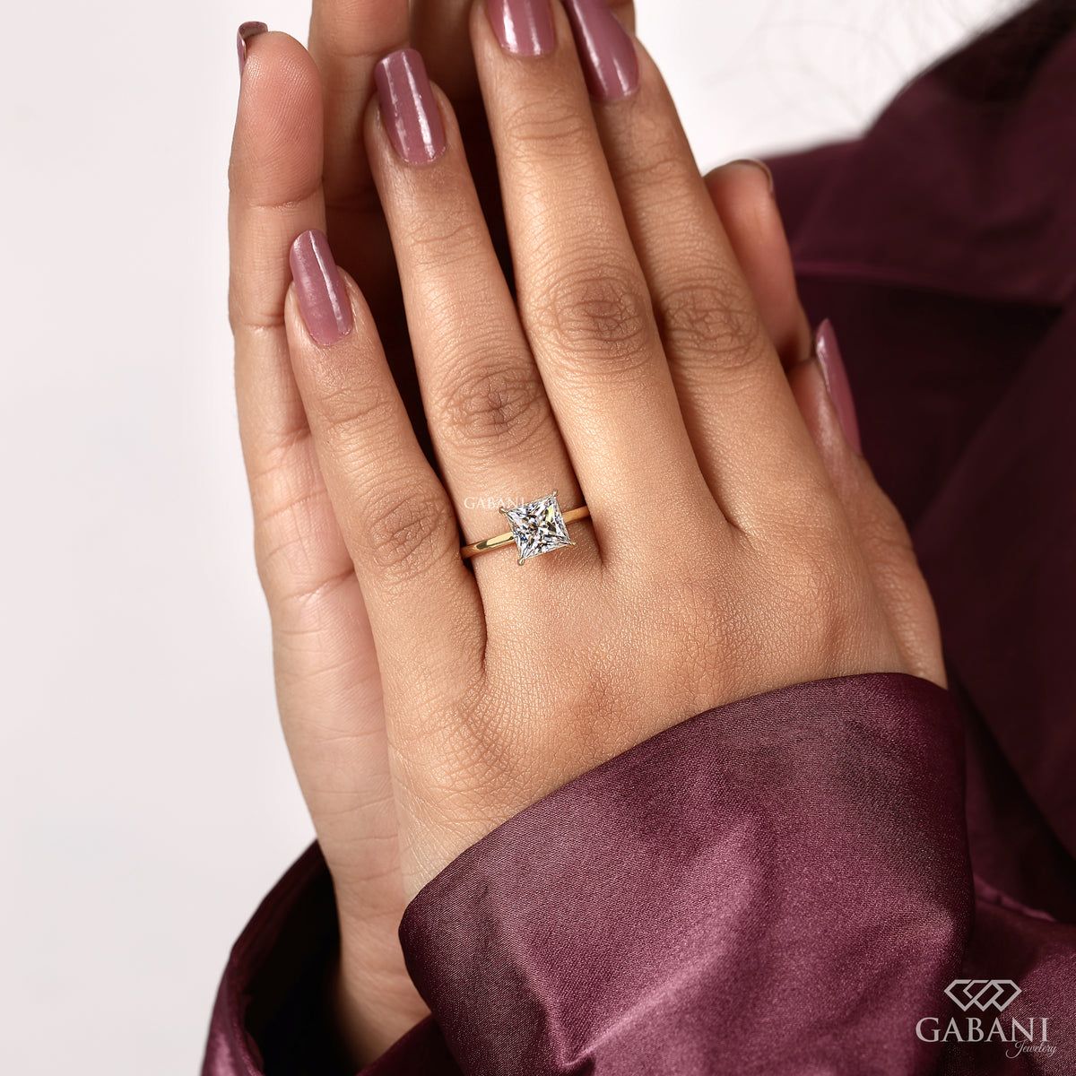 Lab grown princess cut diamond ring with pipe shank band in 14K yellow gold