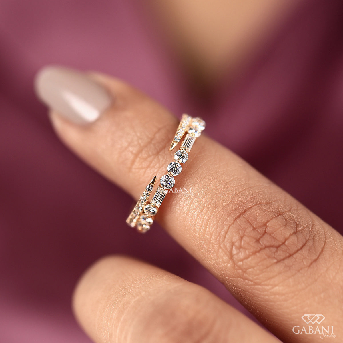 double row lab grown diamond band featuring baguette and pavé round stones