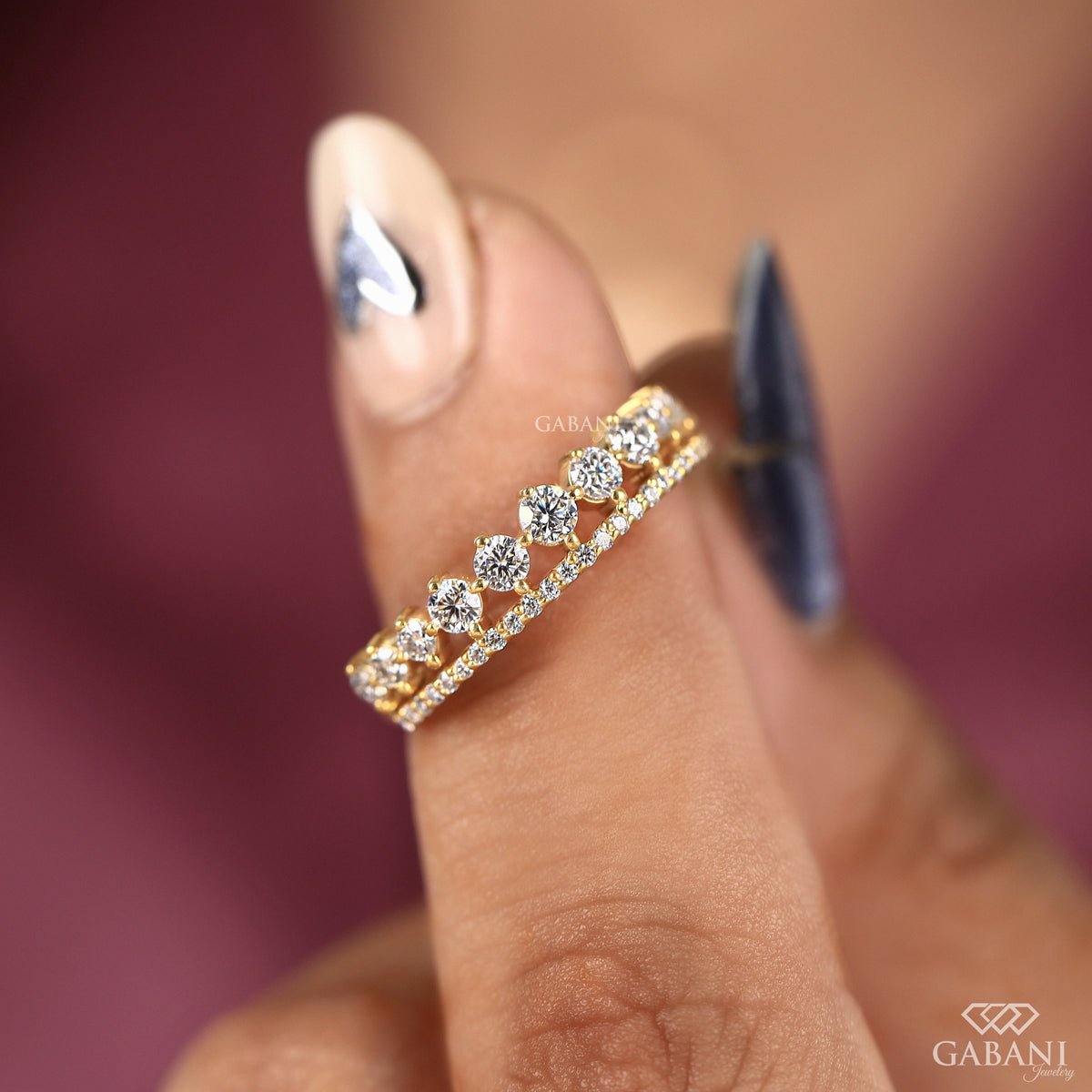 lab grown diamond tiara wedding band with round stones in yellow gold