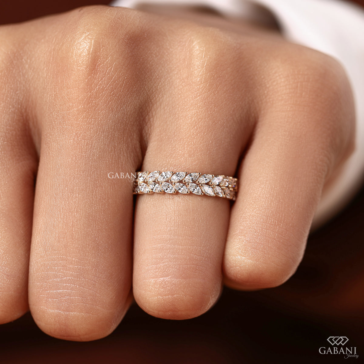 double row marquise diamond cigar band in yellow gold lab grown eternity ring