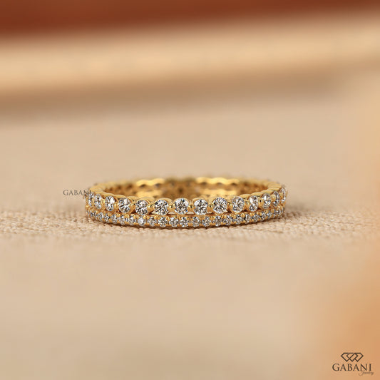 double row lab grown diamond band in yellow gold with thin minimal design and pave prong setting for stacking or daily wear