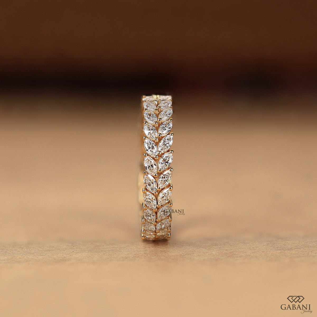 marquise diamond lab grown eternity band in gold double row cigar style ring