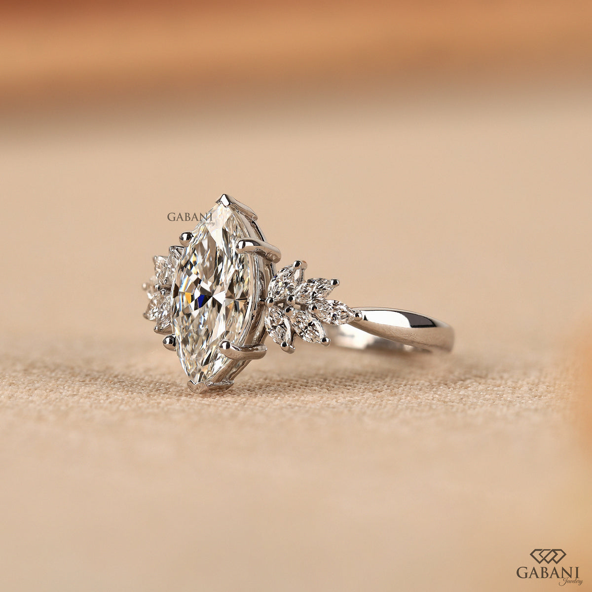 Elongated marquise lab grown diamond ring in white gold with refined proportions and comfort fit