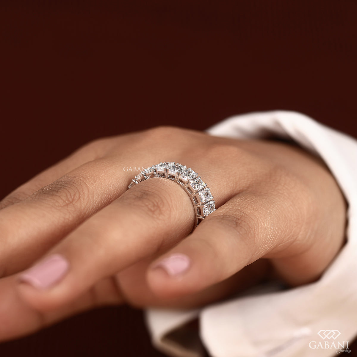 Chunky white gold diamond wedding band with radiant cut lab grown stones