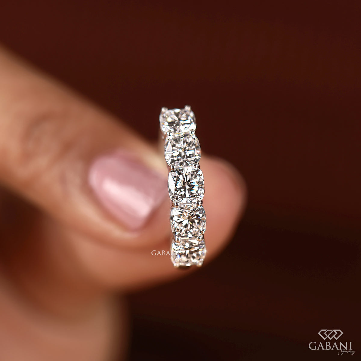 White gold U prong cushion cut lab diamond five stone ring