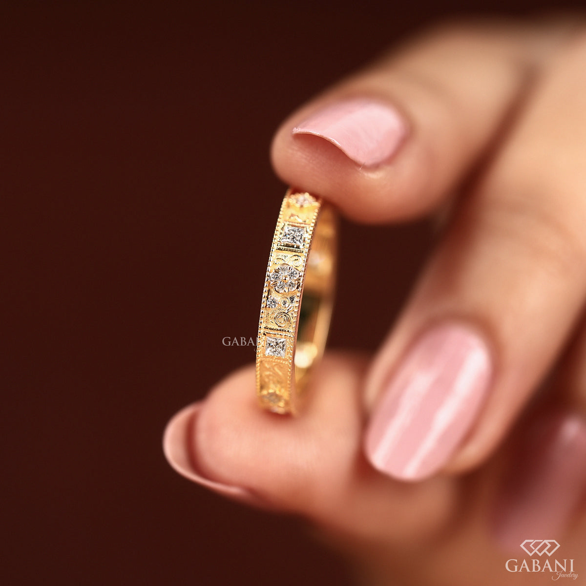 art deco style milgrain band with princess cut and round lab grown diamonds in solid yellow gold