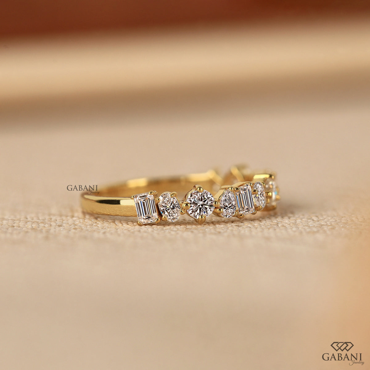 Multi shaped lab diamond wedding band with refined sleek design and comfort fit