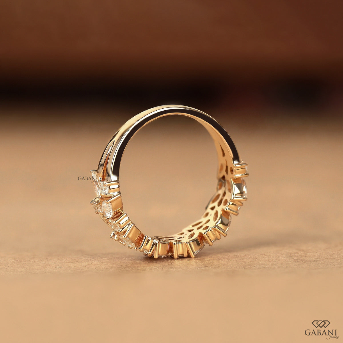 marquise round lab diamond wedding band in solid gold with balanced half eternity design