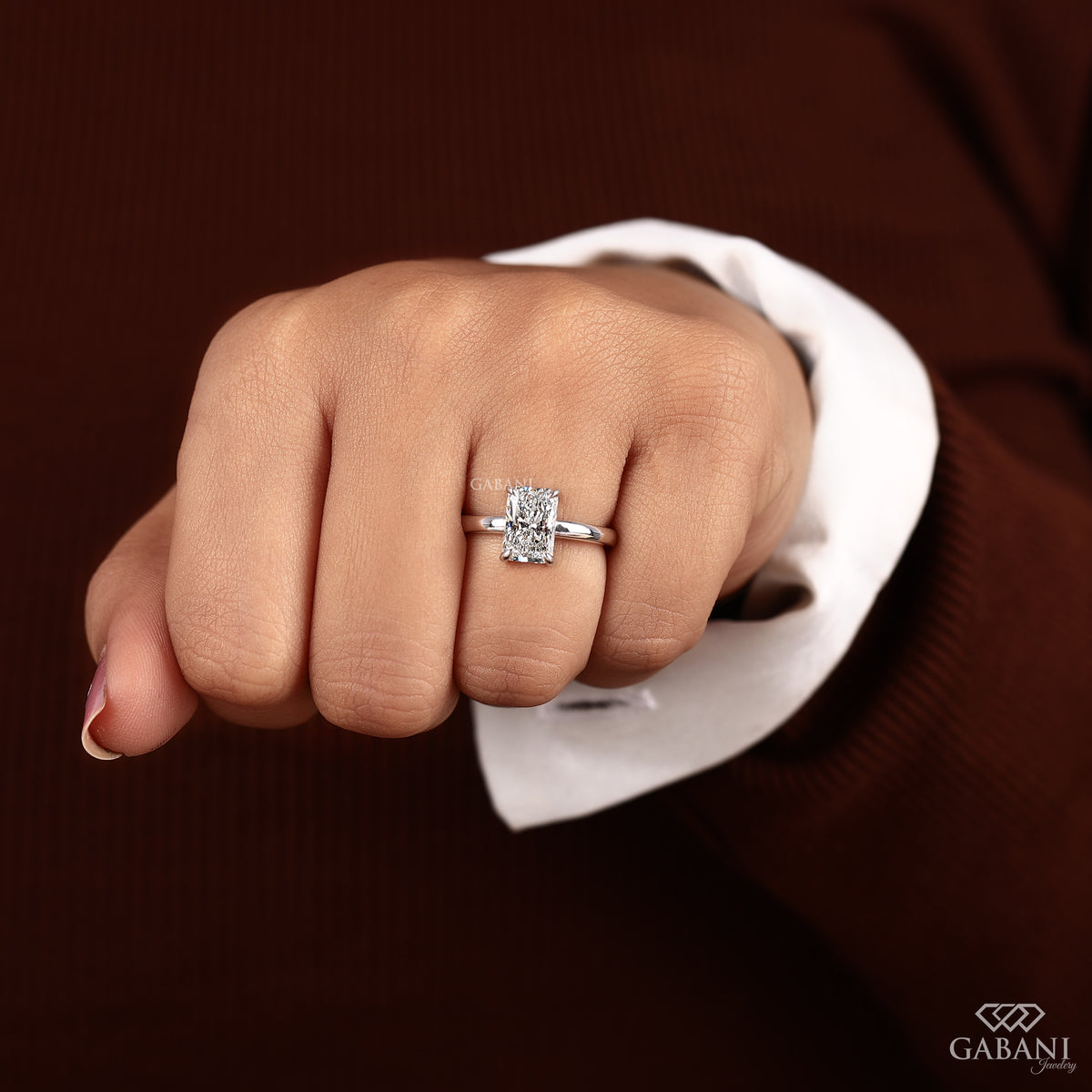 single stone radiant cut lab grown diamond ring with polished white gold band
