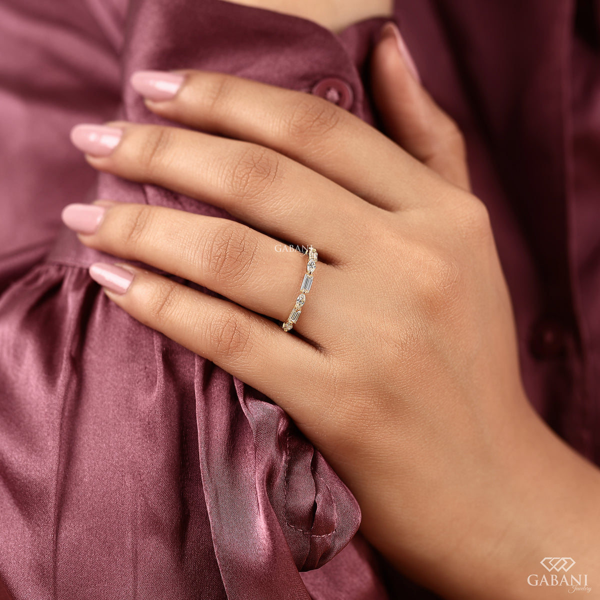 dainty marquise baguette lab diamond wedding ring in gold eternity band