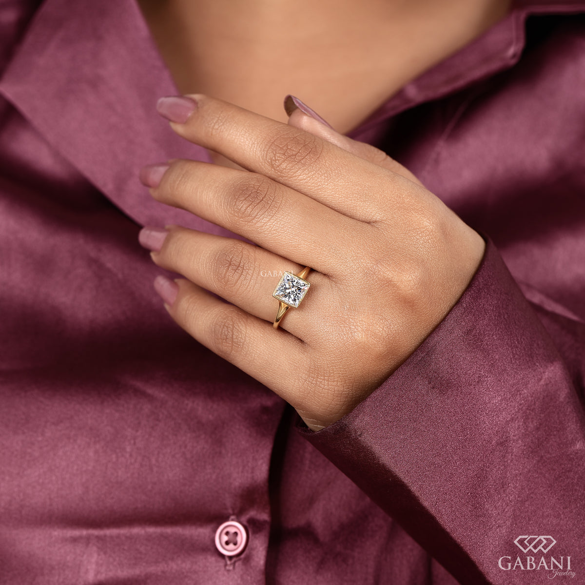modern princess cut lab grown diamond ring with slim bezel and structured band
