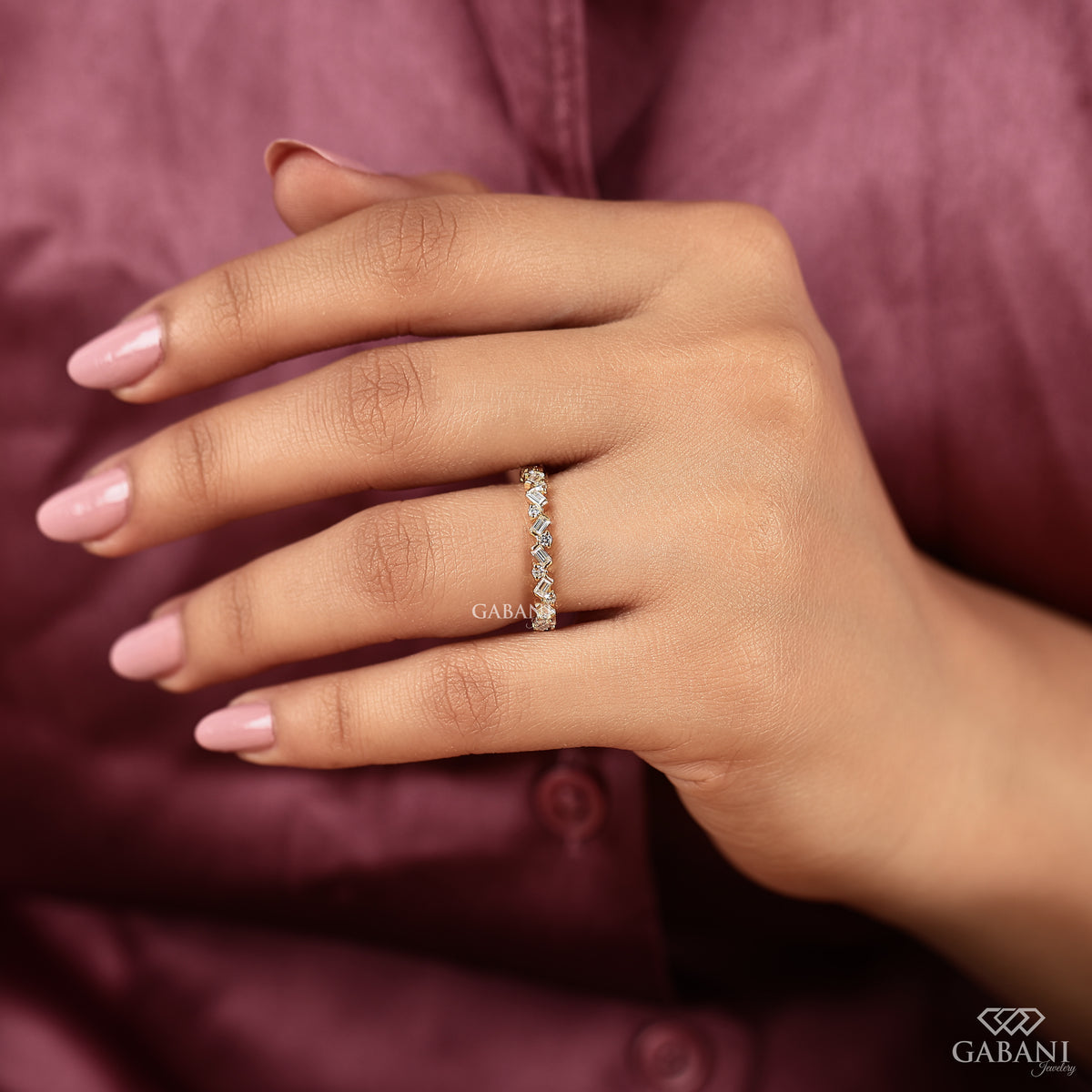zig zag diamond wedding band with baguette and round lab grown diamonds in gold