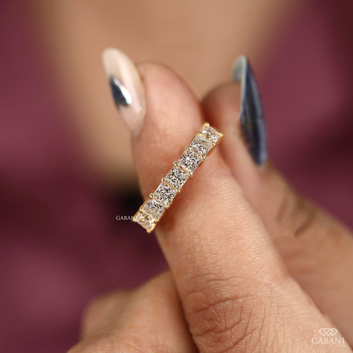 Princess cut lab grown diamond stacking band in yellow gold
