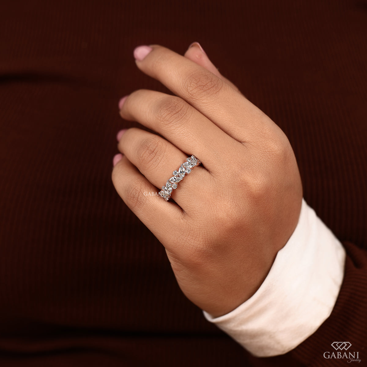 alternating marquise and round lab diamond band in rose gold stacking ring