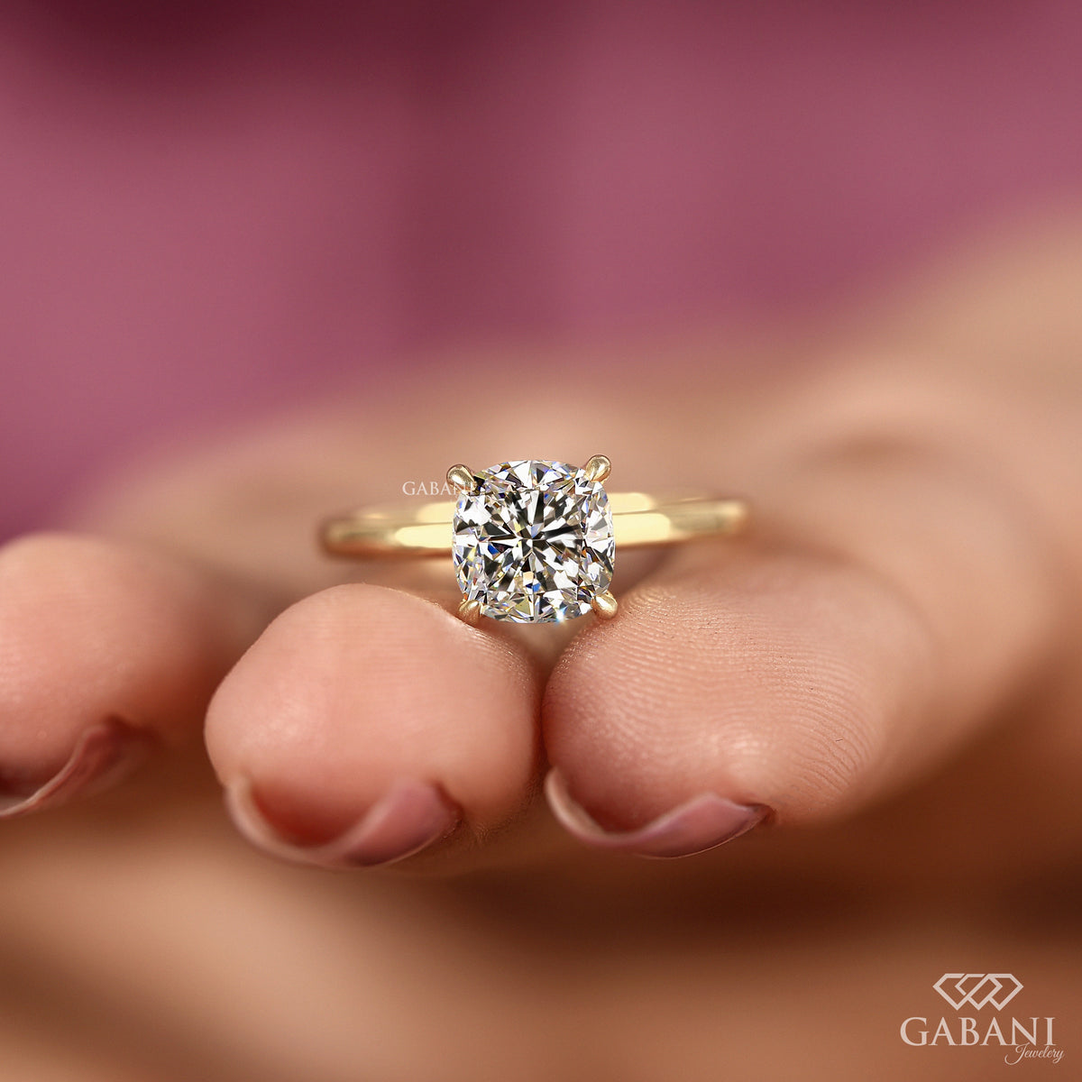lab grown cushion cut diamond ring in minimal solitaire design