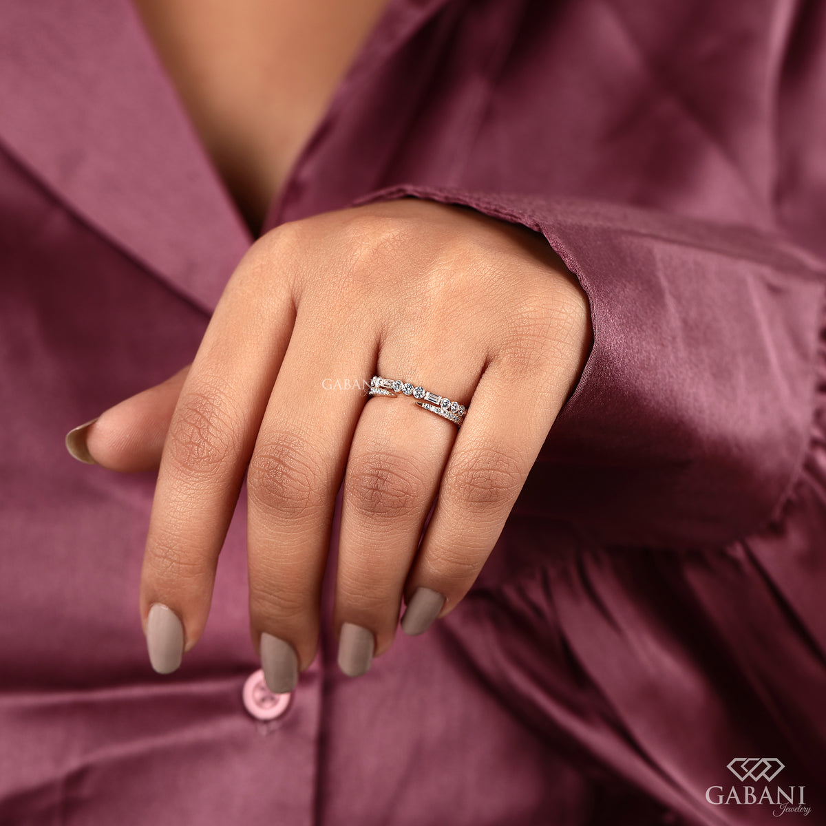 double row half eternity band with lab grown baguette and round diamonds