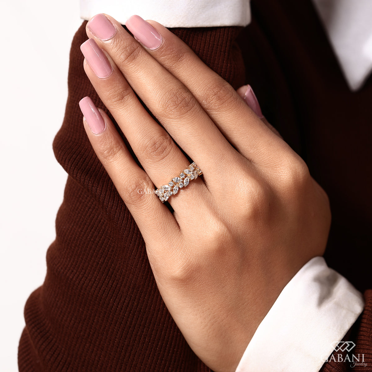 marquise and round diamond band with double row design in solid gold wedding ring