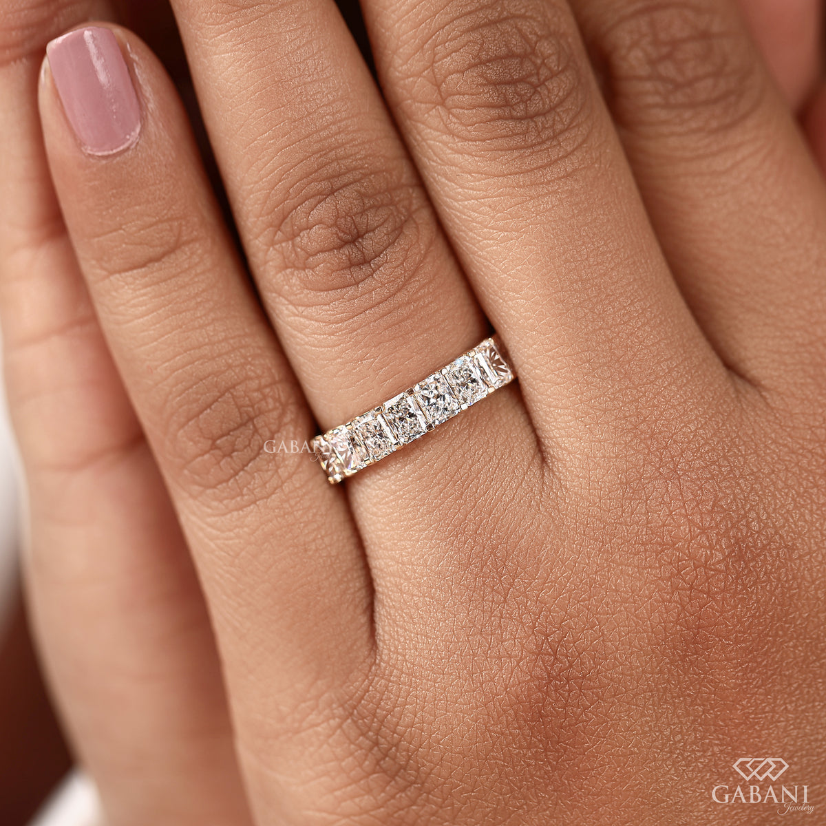lab grown radiant diamond wedding band in gold u prong setting with slim low profile design