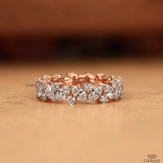marquise and round lab diamond eternity band in rose gold comfort fit wedding ring