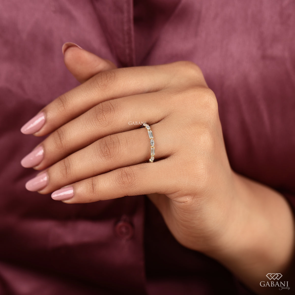 marquise baguette lab grown diamond band in gold eternity style