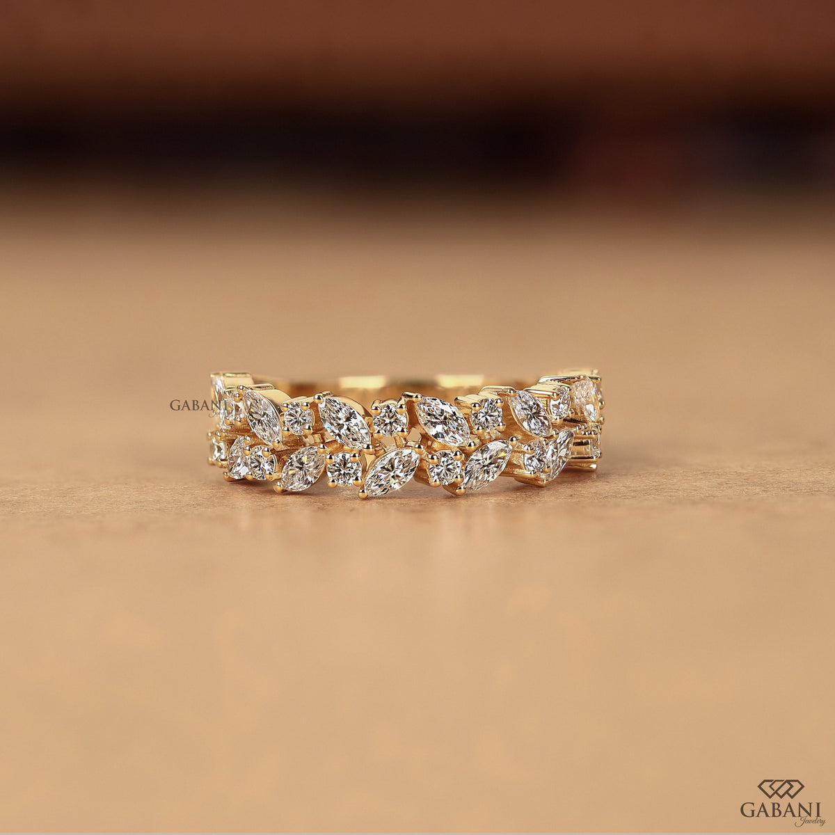 double row wedding band with marquise and round lab grown diamonds in solid gold half eternity design