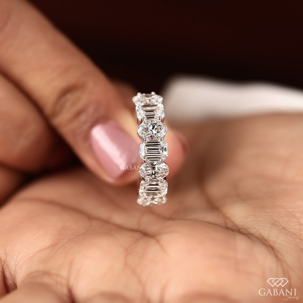 lab grown diamond half eternity band with alternating step and brilliant cuts