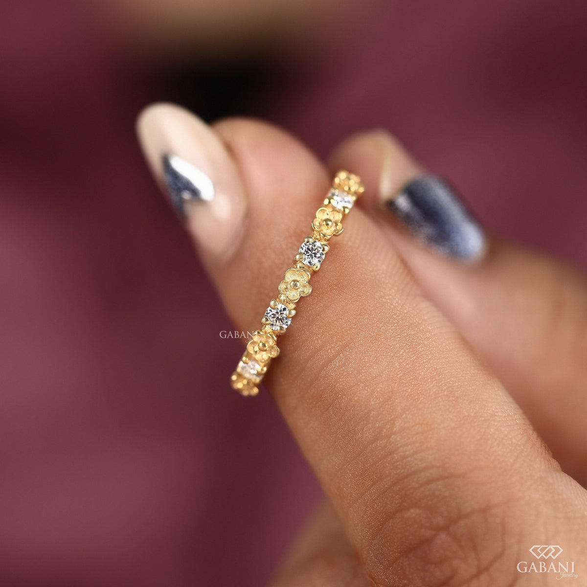 slim lab grown diamond band with a soft floral design and balanced half eternity coverage
