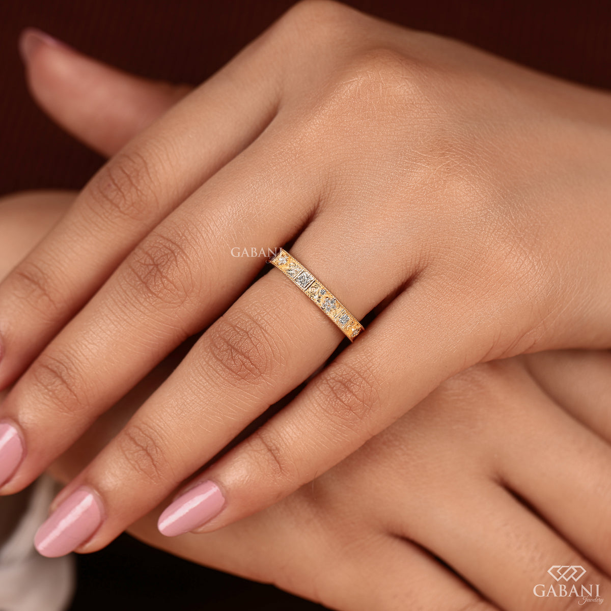 art deco style milgrain band with princess cut and round lab grown diamonds in solid yellow gold