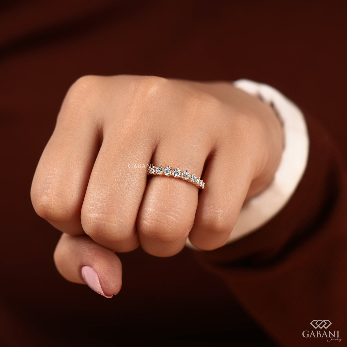 minimalist lab diamond band with round stones in solid yellow gold