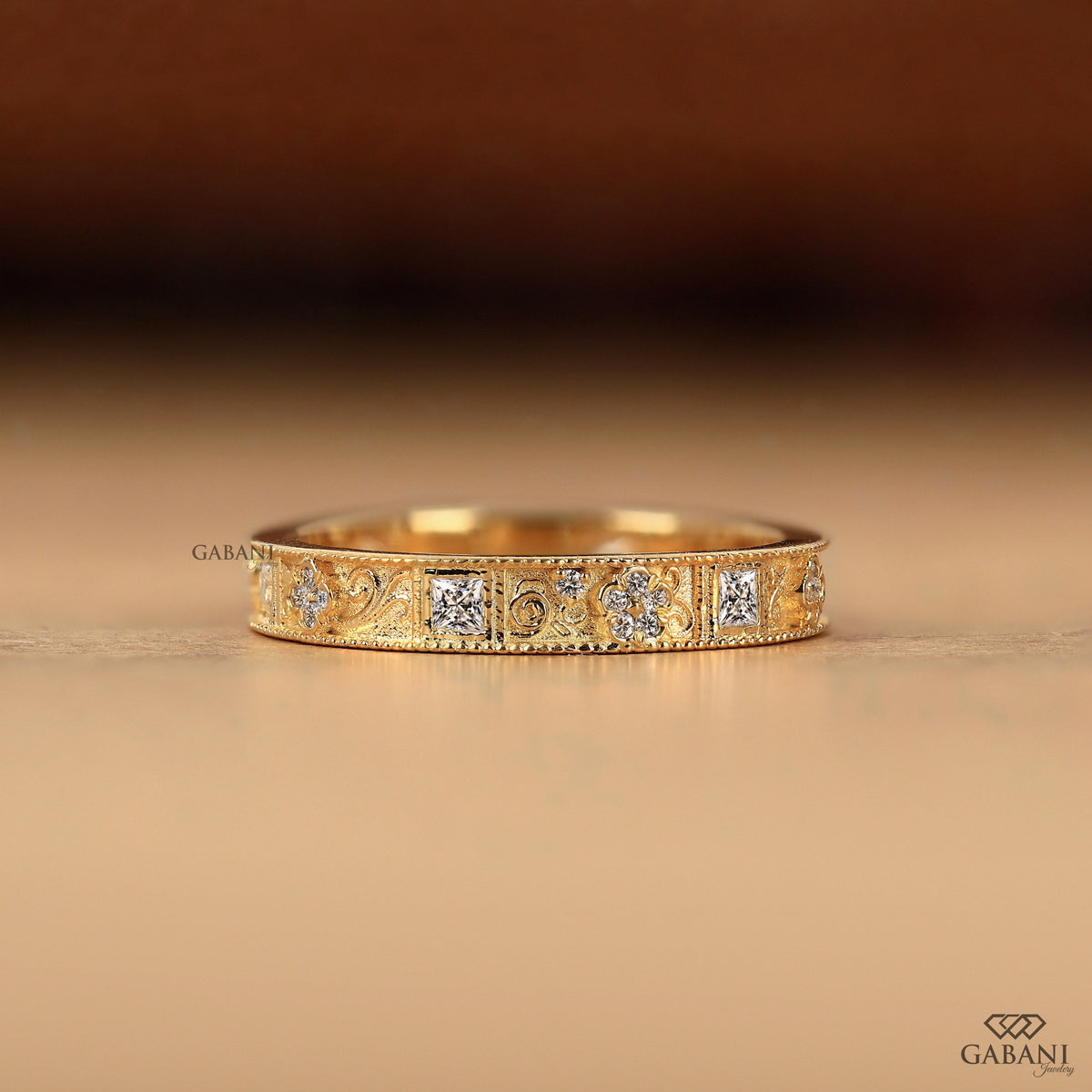 milgrain floral engraved wedding band with princess cut and round lab grown diamonds in 14k yellow gold
