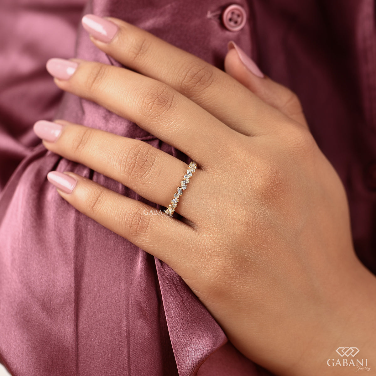 gold stacking diamond band with baguette and round lab grown diamonds zig zag style