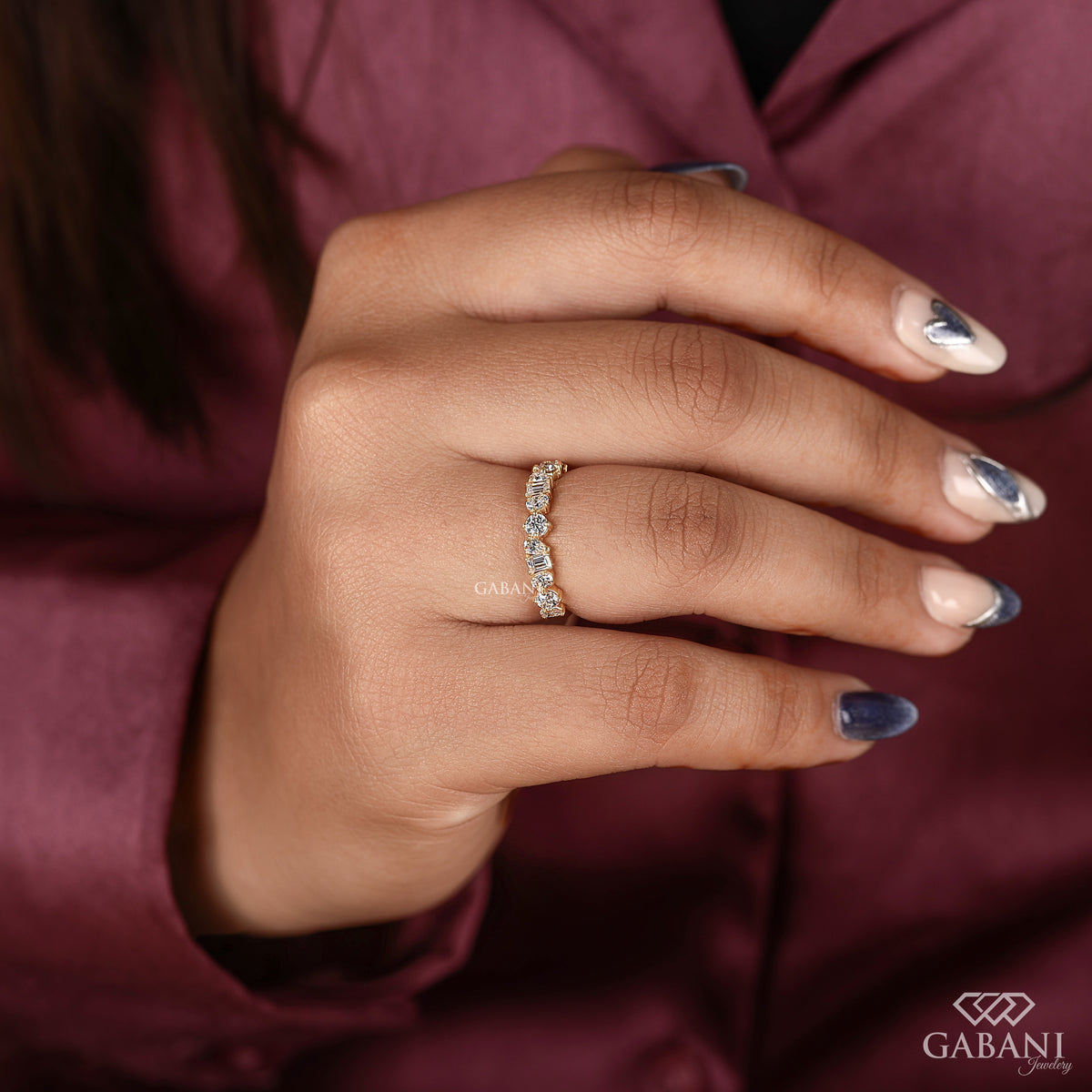 Elegant lab grown diamond wedding band with multi shape stones and comfort fit feel